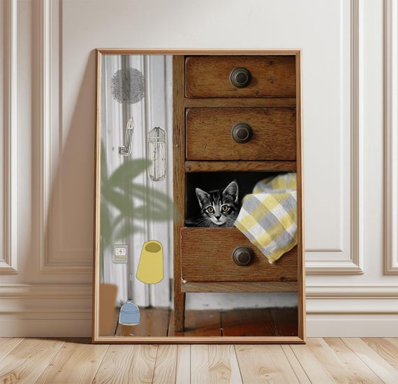 Kitten In Drawer Art Print, Cute Cat Decor