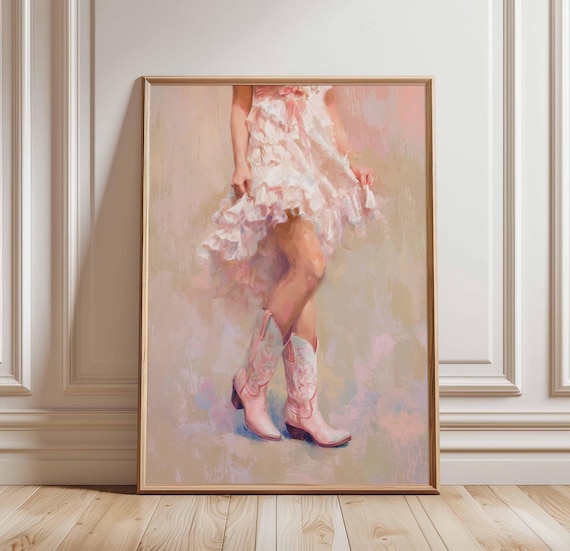 Cowgirl Ruffle Dress Pink Boots Poster in Western Fashion Painting Style