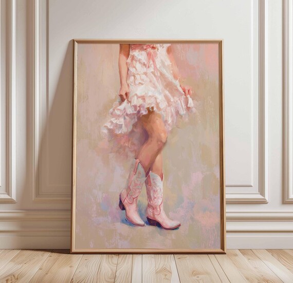 Cowgirl Wall Art Print Pink Boots And Ruffle Dress Poster Country Western Girl Decor Feminine Rodeo Farmhouse Style