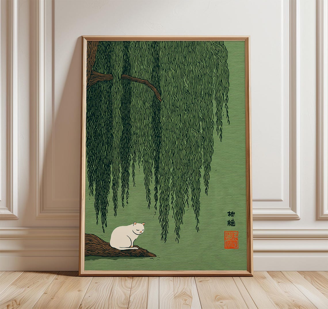 Cat Under Willow Tree Wall Art Japanese Style Print Green Nature Poster
