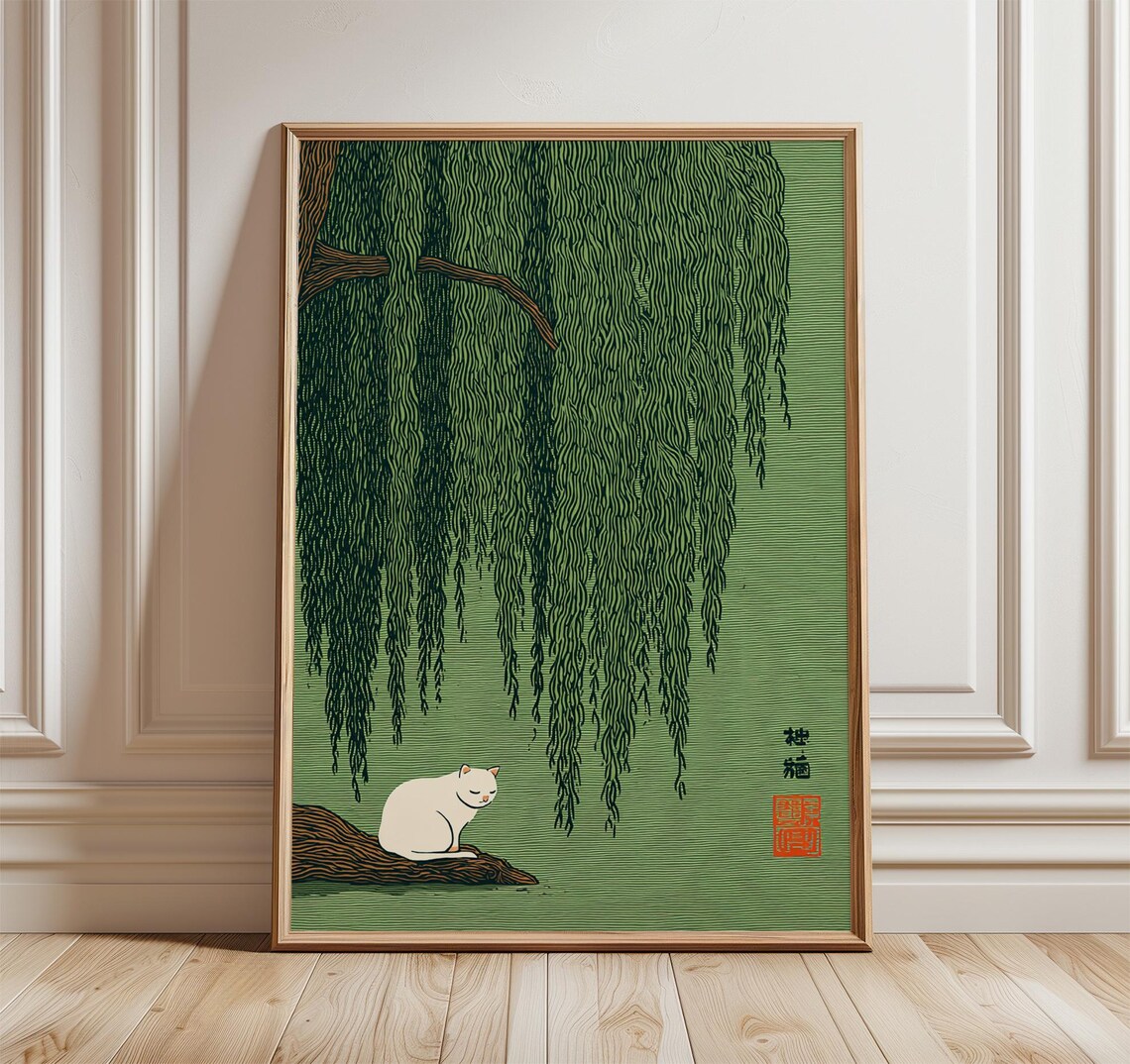 White Cat Under Weeping Willow Japanese Woodblock Green Art Poster