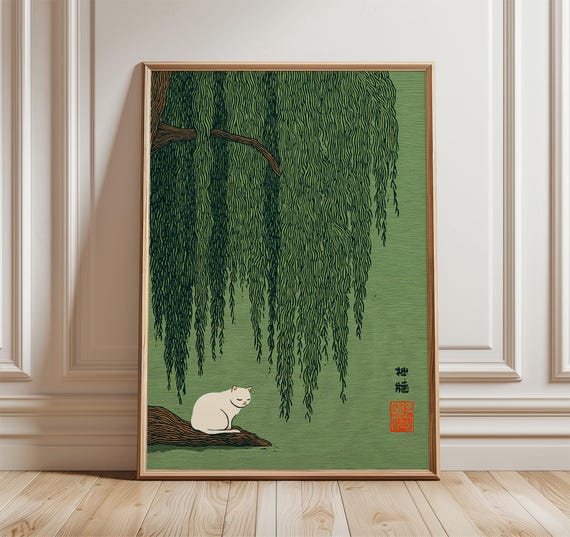 Cat Under Willow Tree Wall Art Japanese Style Print Green Nature Poster