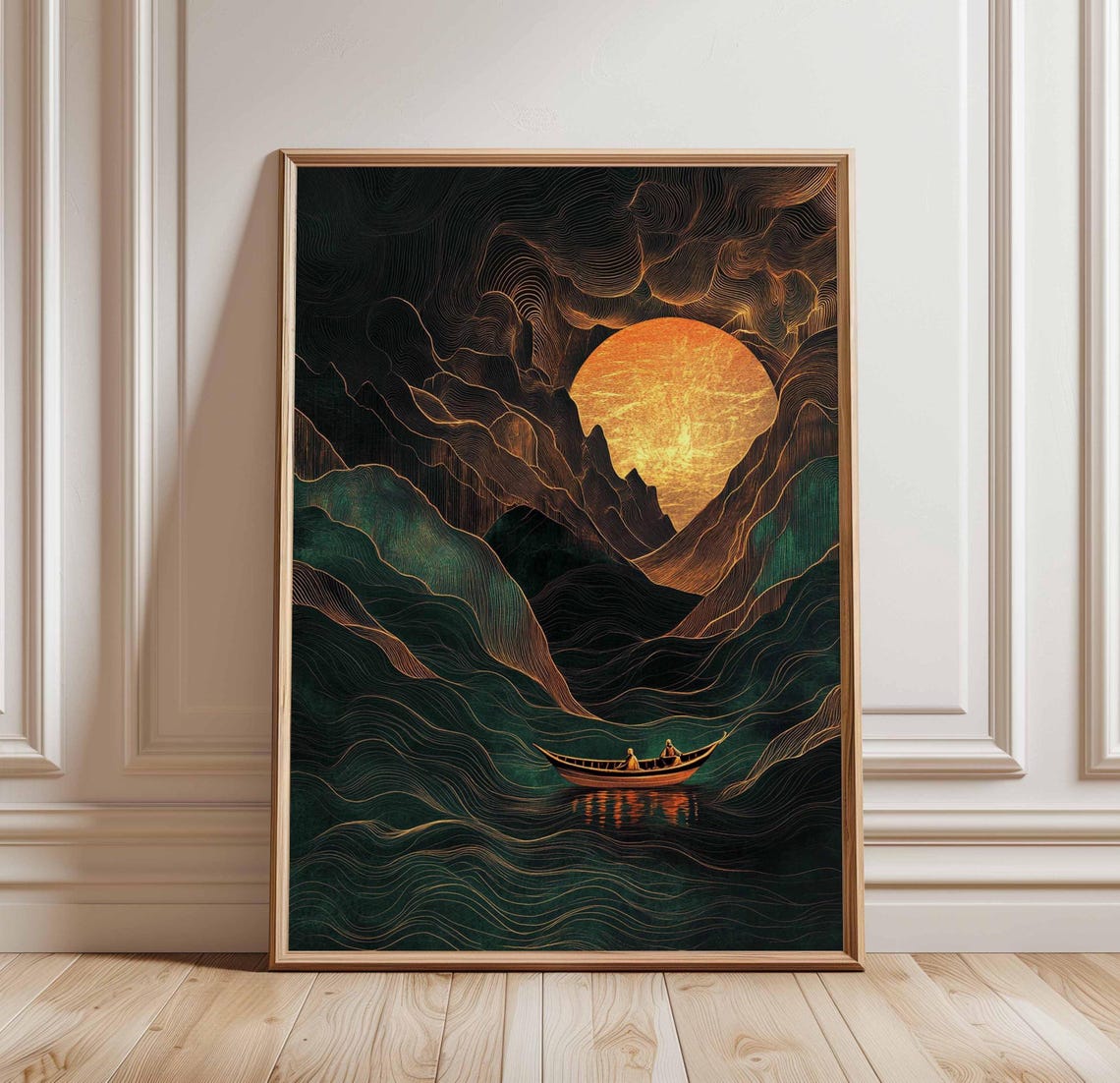 Golden Sun Over Dark Mountain Waves With Boat Night Voyage Art Poster