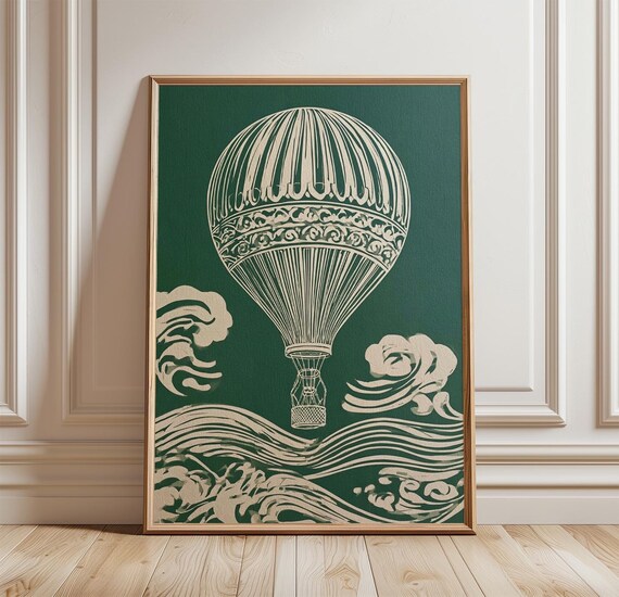 Green Hot Air Balloon Vintage Sky Poster
