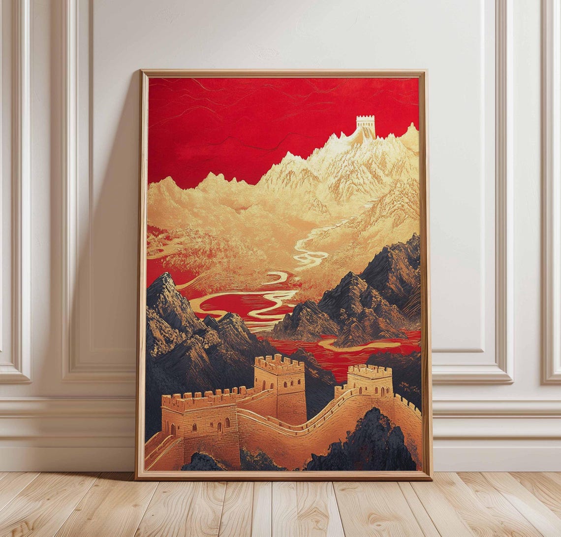 Great Wall of China Red and Gold Mountain Landscape Wall Art
