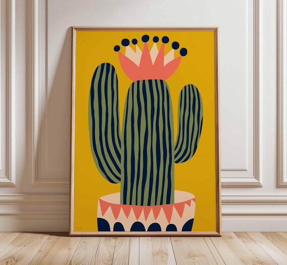 Modern Cactus Wall Art Print Bold Pop Plant Poster Mustard Yellow Decor Japanese Style Botanical Unframed Mid Century Artwork
