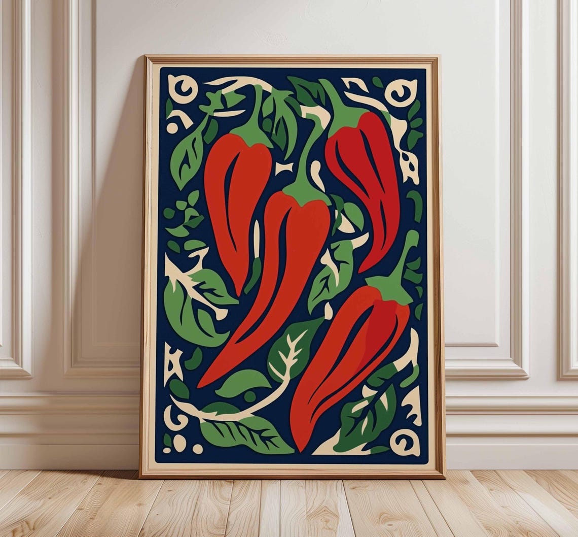 Red Chili Peppers Folk Art Pattern Navy Kitchen Spicy Wall Poster