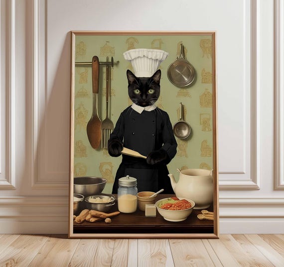 Chef Cat Poster Funny Kitchen Wall Art Black Cooking Print