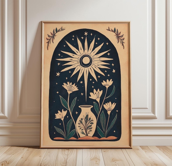 Sun And Floral Poster Celestial Botanical Wall Art Night Sky Illustration Print Minimal Folk Decor