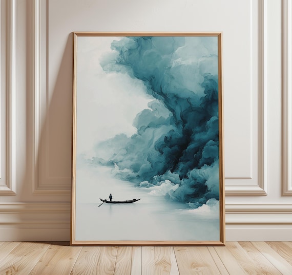 Minimalist Landscape Wall Art Serene Boat And Mist Poster Modern Abstract Blue Cloud Print For Living Room Decor