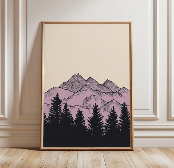 Mountain Sunset Poster Minimalist Purple Landscape Wall Art Print Vintage Nature Illustration Pink Sky Forest Scene Modern Scenic Decor