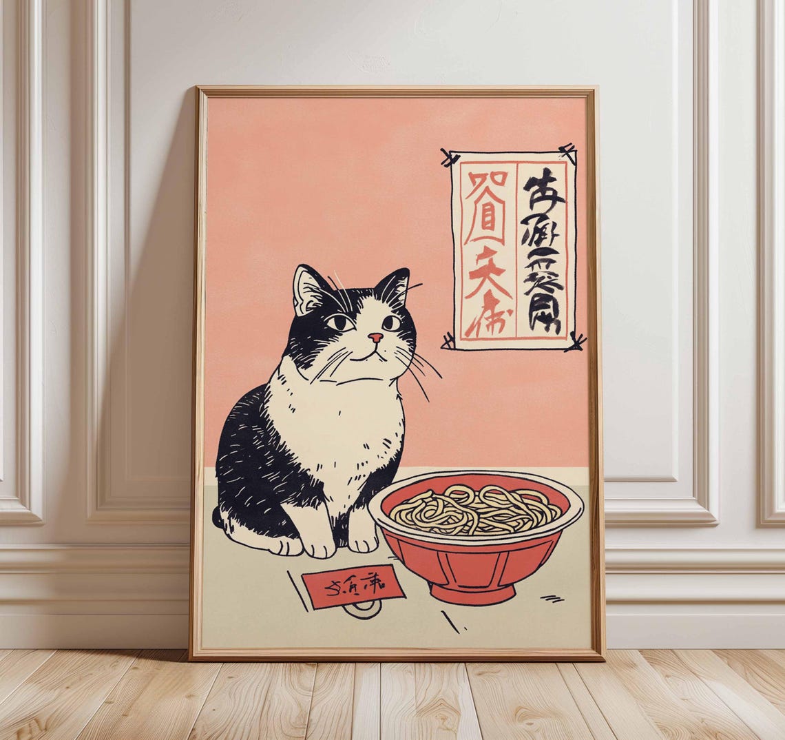 Japanese Tuxedo Cat With Ramen Bowl Cute Pink Kitchen Poster