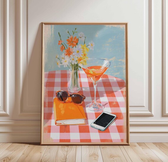 Summer Cocktail on Checkered Tablecloth Retro Drink Scene Poster