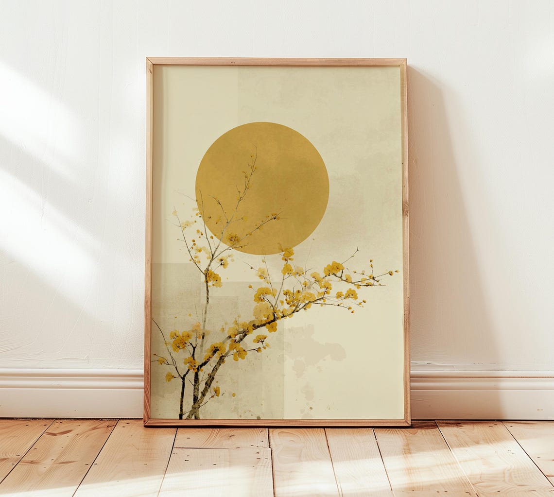 Minimalist Japanese Wall Art Yellow Sun And Blossom Poster Zen Botanical Print For Modern Home Living Room Decor - Image 2