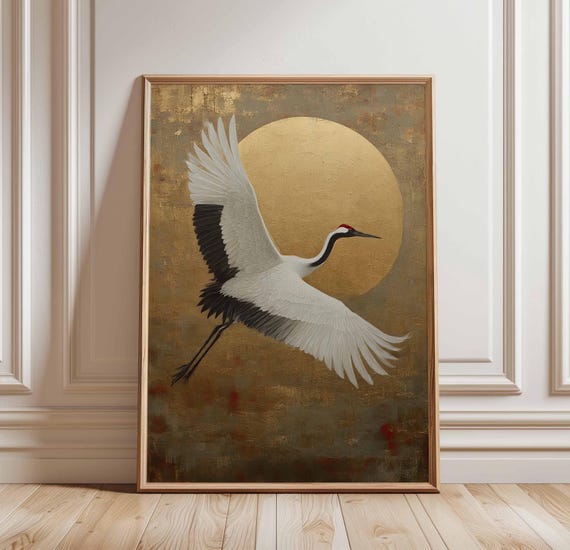 Cranes In Flight Poster Japanese Bird Art Red Crowned Crane With Gold Sun Asian Wall Traditional Print Illustration