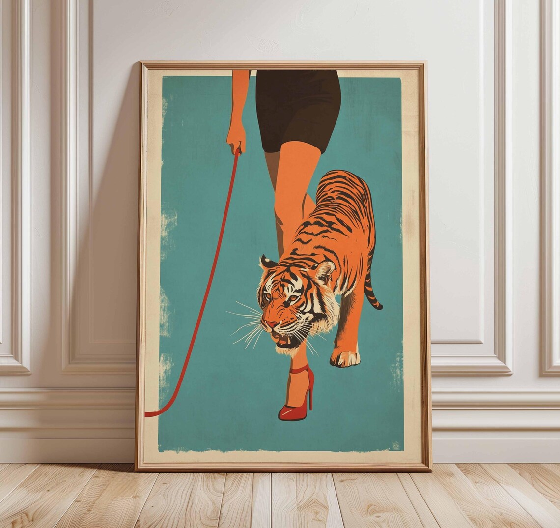 Woman With Tiger On Leash Retro Pop Art Exotic Fashion Poster
