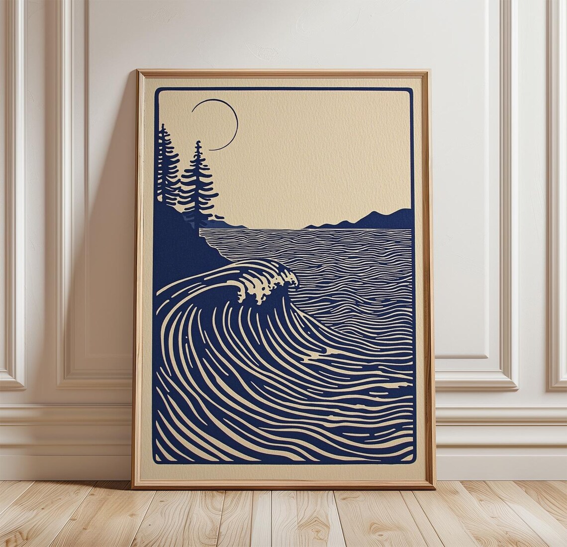 Japanese Woodblock Great Wave Moon Pine Trees Mountain Ocean Art Poster