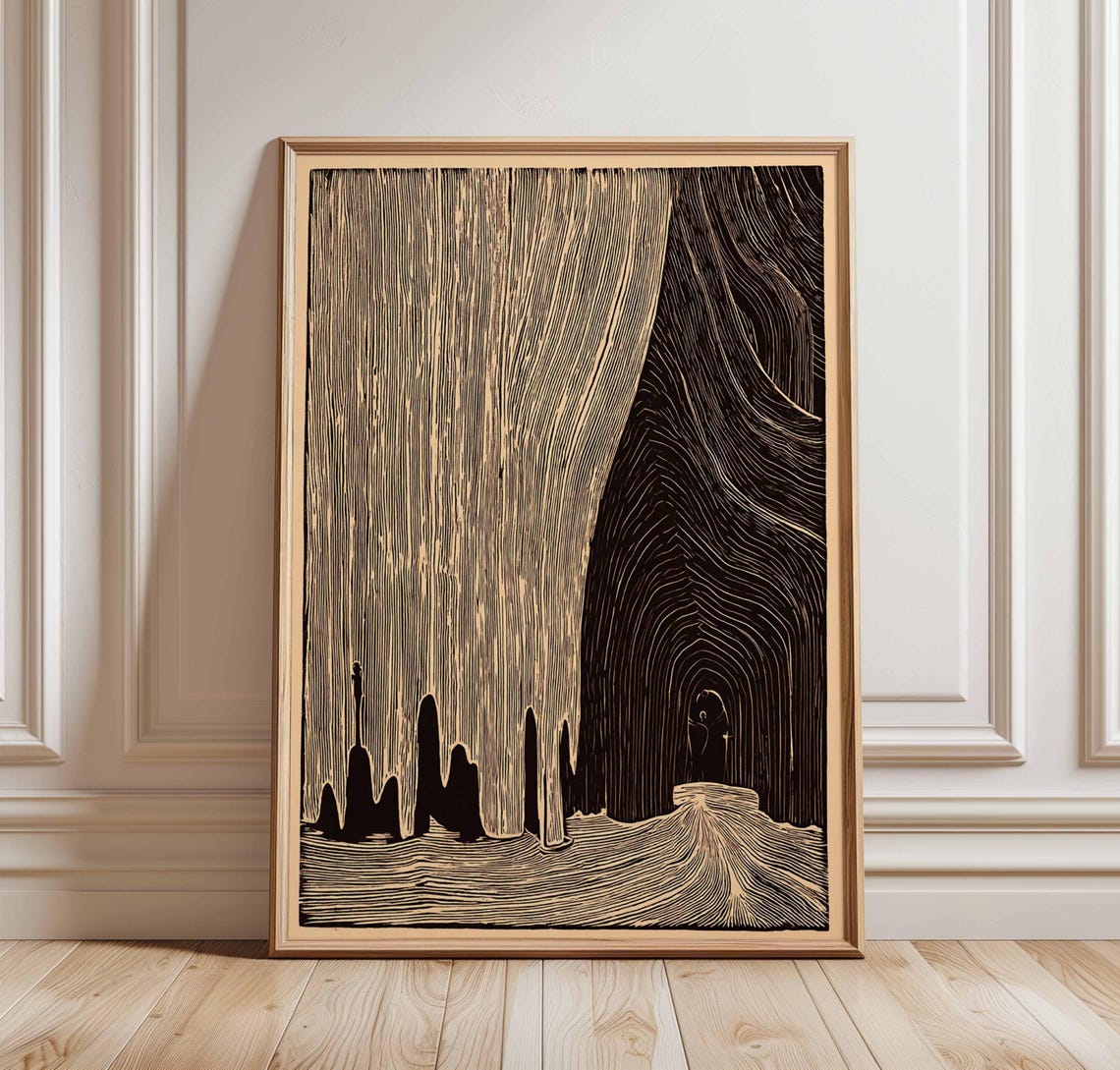 Cave Woodcut Poster Print Dark Surreal Landscape Wall Art Minimalist Nature Decor Mysterious Forest Artwork Line Illustration