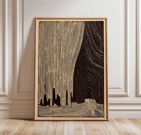 Cave Woodcut Poster Print Dark Surreal Landscape Wall Art Minimalist Nature Decor Mysterious Forest Artwork Line Illustration