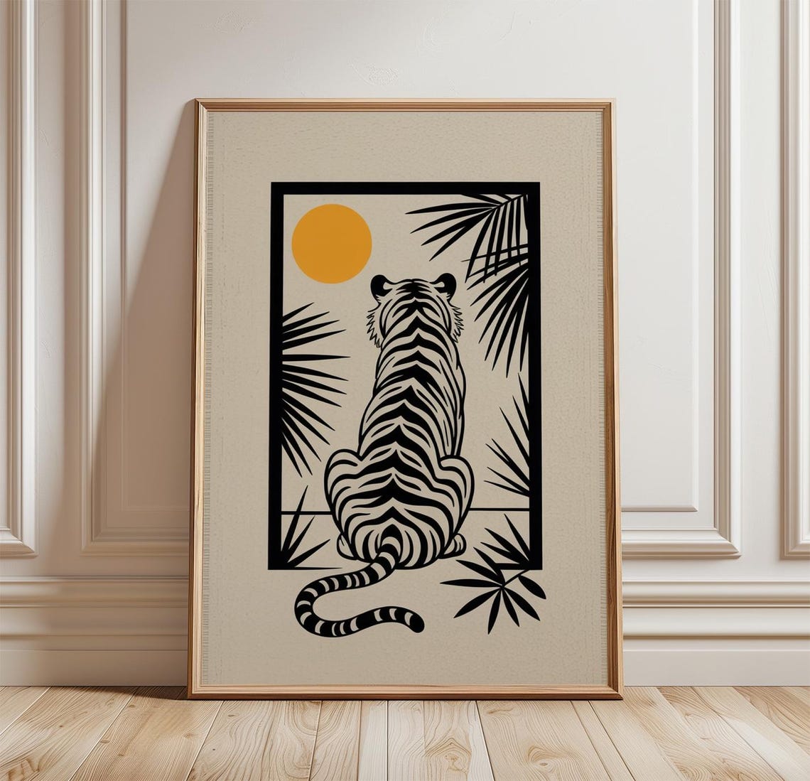 Tiger Gazing At Sun Japanese Retro Black Linocut Jungle Poster