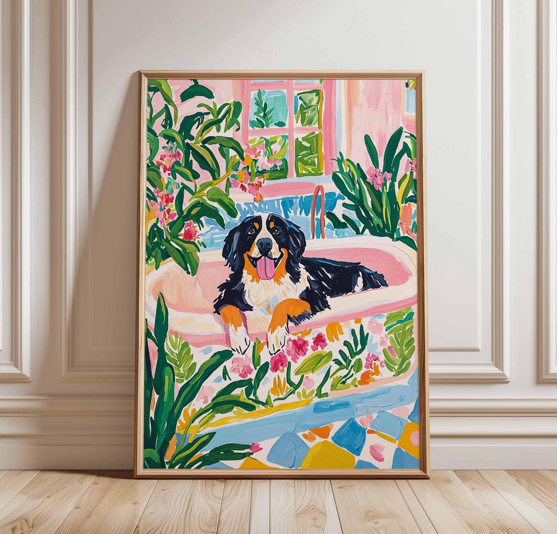 Bernese Mountain Dog Bath Poster Maximalist Colorful Tropical Kitchen