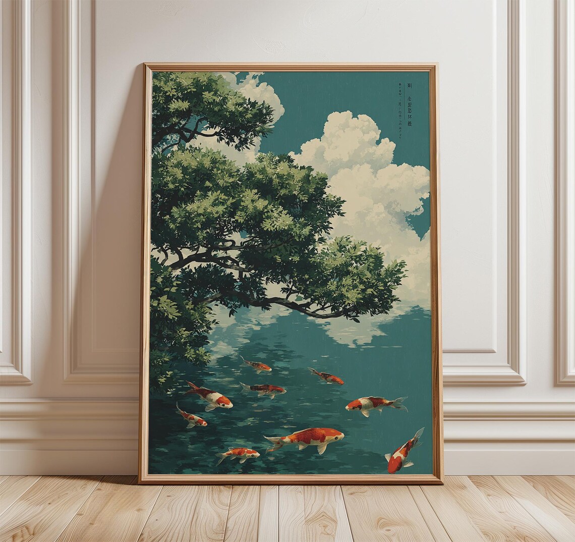 Koi Pond Japanese Landscape Illustration, Serenity