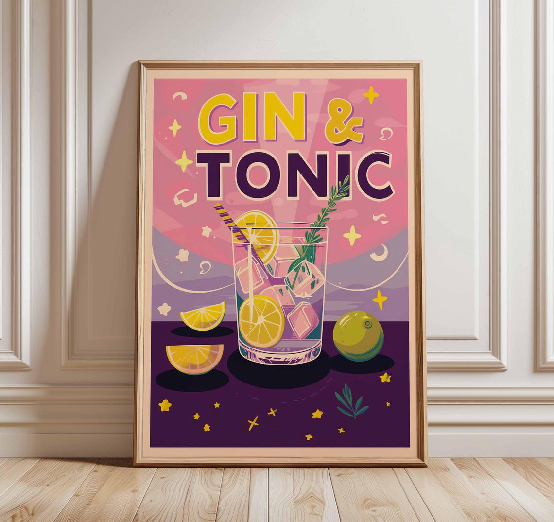 Gin And Tonic Retro Cocktail Bar Lemon Citrus Illustration Poster