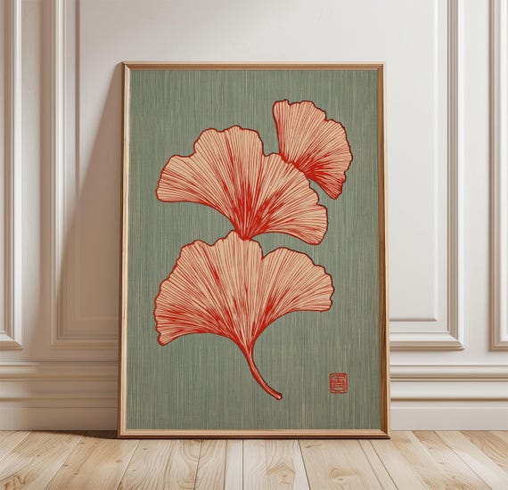 Ginkgo Leaf Botanical Illustration, Japanese Style