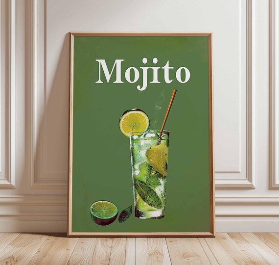 Mojito Cocktail Poster Vintage Bar Drink Illustration Green Art