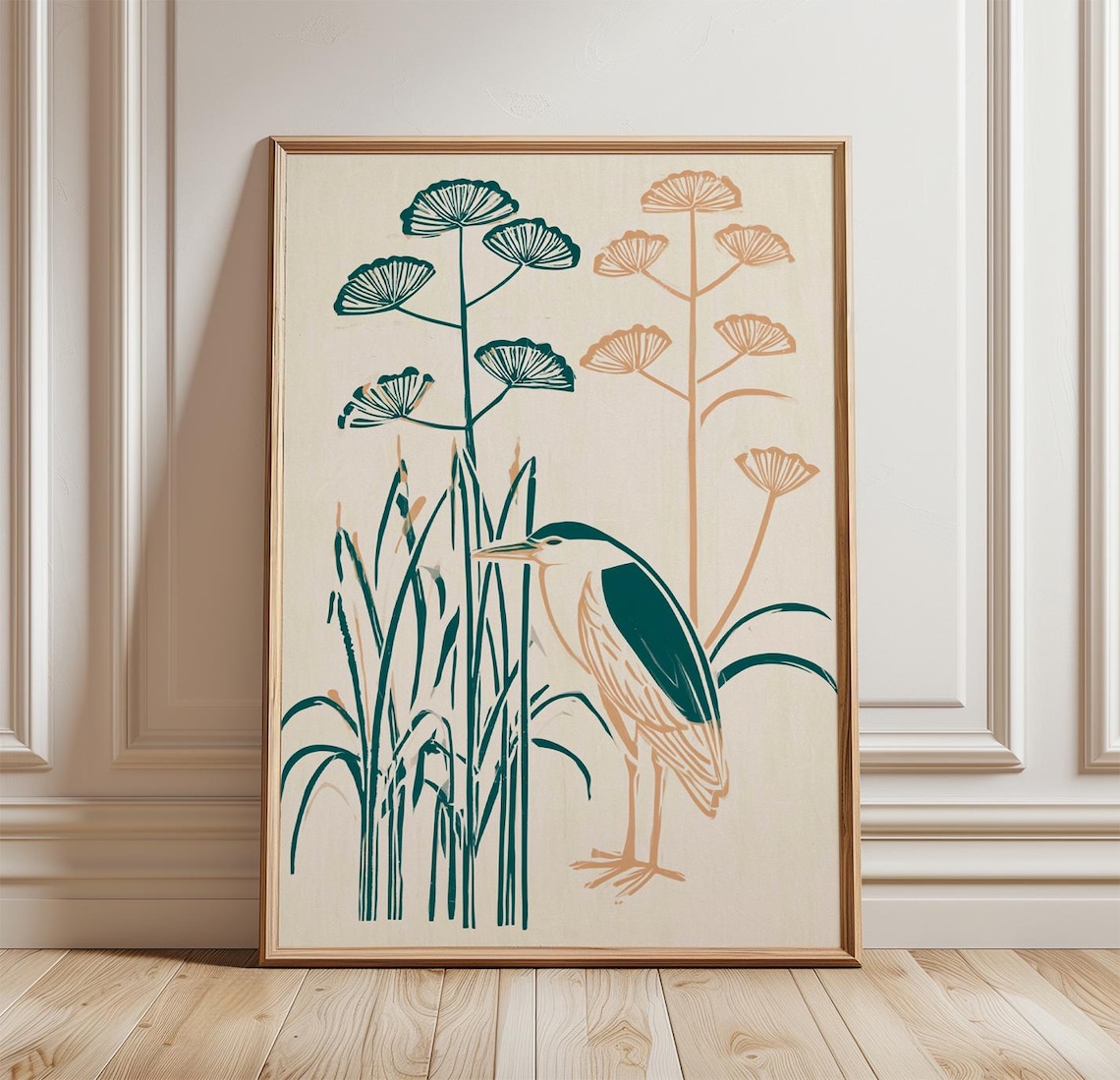 Night Heron Woodblock Bird Botanical Art Print