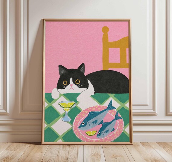Sneaky Black And White Cat With Fish Dinner Whimsical Kitchen Poster