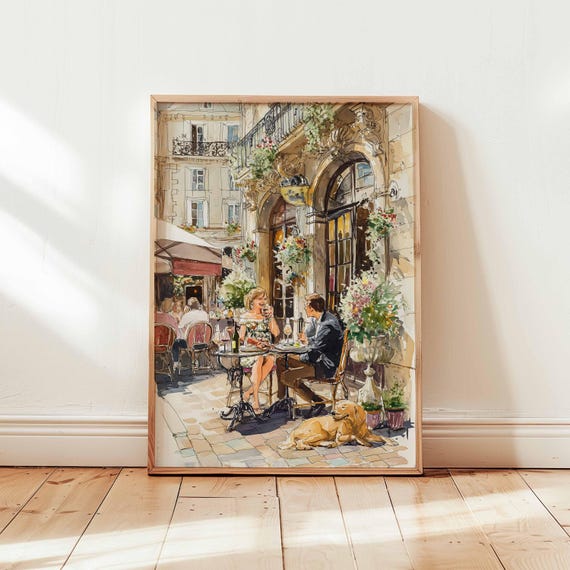 Cherry Blossom Caf Wall Art Print Spring Coffee Shop Poster Pastel Outdoor Scene Unframed French Patio Decor Whimsical Artwork