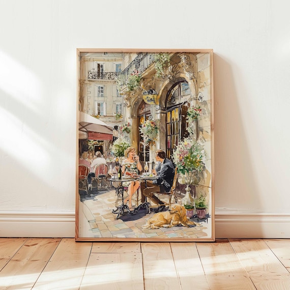 Parisian Street Cafe Couple Dining Dog Watercolor Travel Art Print