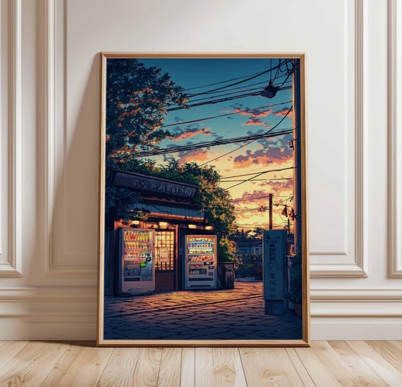 Japanese Sunset Street Poster Vending Machines Art Print Urban Cityscape Tranquil Scene Peaceful Wall