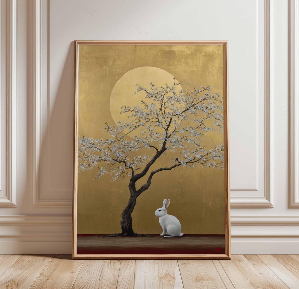 White Rabbit Under Cherry Blossom Golden Moon Japanese Art Poster