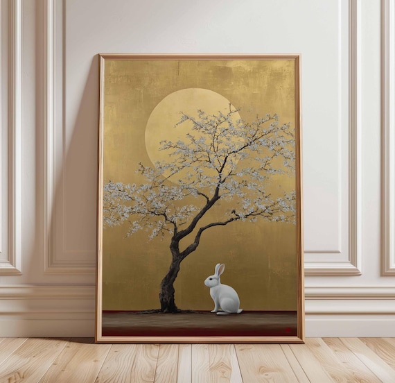 White Rabbit Under Cherry Blossom Golden Moon Japanese Art Poster