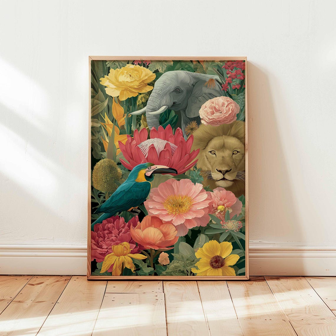 Tropical Jungle Safari Elephant Lion Parrot Floral Wild Poster