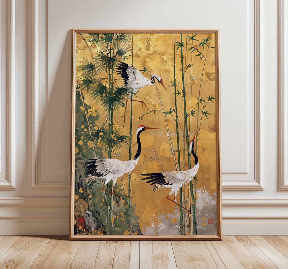 Japanese Cranes Bamboo Golden Background Oriental Art Poster