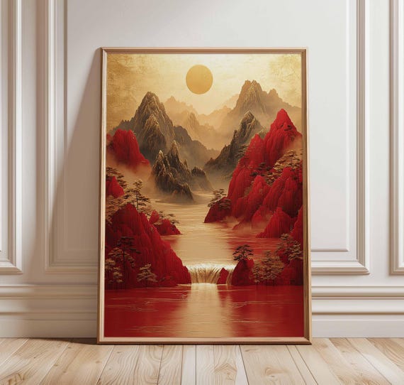 Red Mountain Waterfall Poster Golden Sun Asian Landscape Art Tranquil Print And Gold Nature Decor Scenic Wall