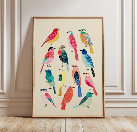 Colorful Birds Poster Folk Art Wall Bird Illustration Print Cute Animal Artwork Nursery Decor Playful Nature