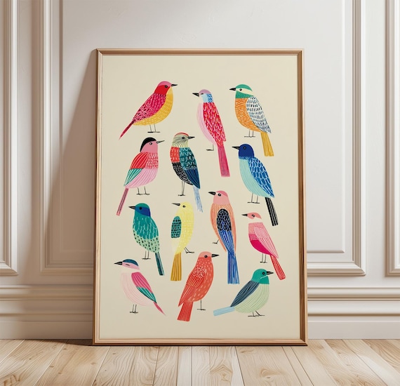 Colorful Folk Art Birds Playful Songbird Illustration Art Print
