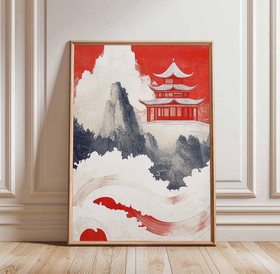 Japaneseinspired Art Print Red Pagoda Landscape Poster Mountain And Clouds Illustration Asian Architecture Decor Nature Wall