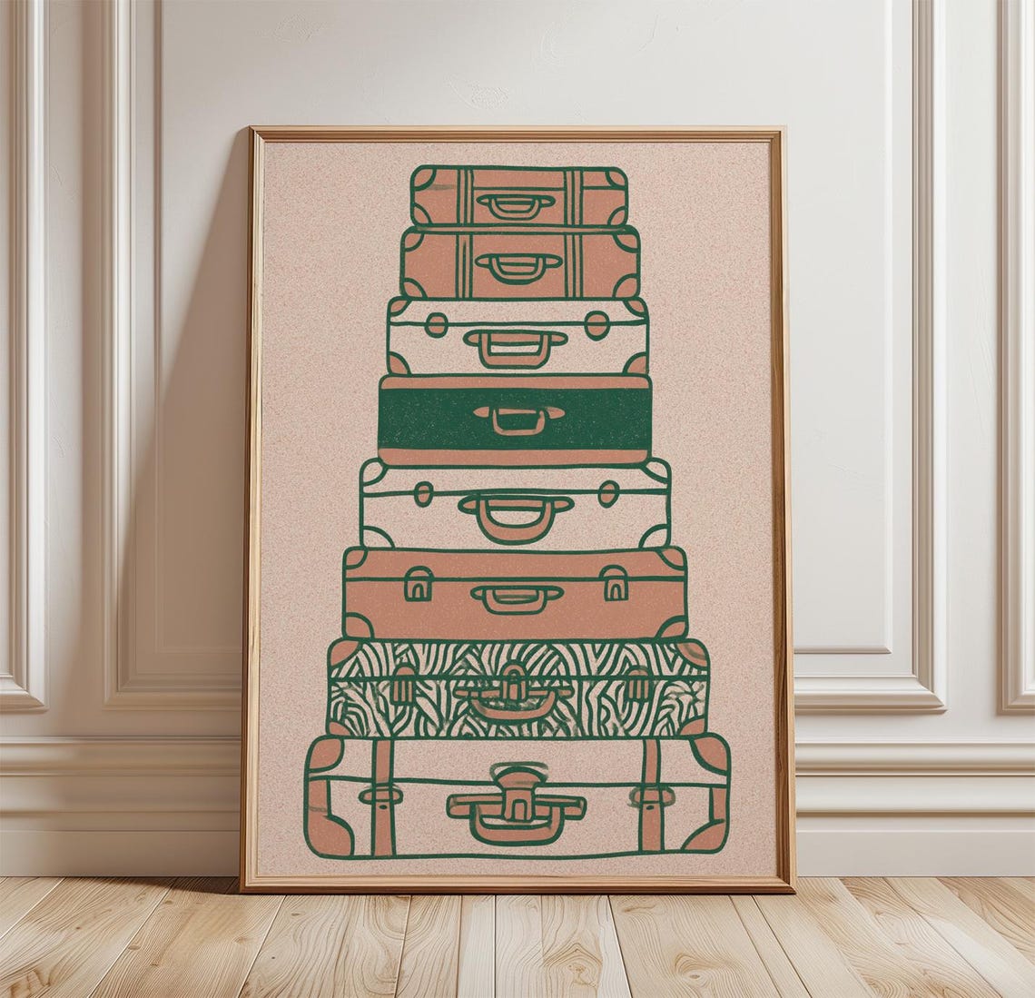 Eight Stacked Vintage Suitcases Retro Travel Luggage Line Art Poster