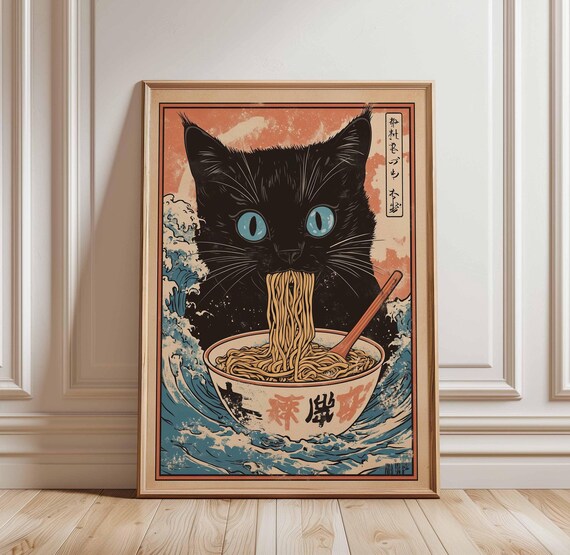 Black Cat Ramen Noodles Great Wave Ukiyo-e Japanese Art Poster
