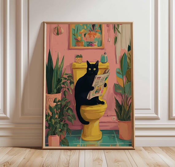 Funny Black Cat Bathroom Poster Quirky Wall Art For Toilet Retro Pink Jungle Decor Humorous Print Gallery