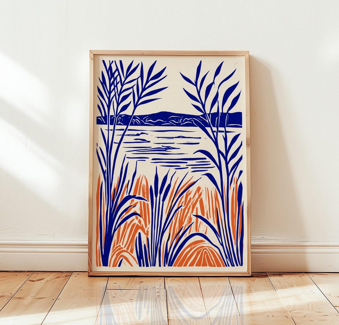 Blue And Orange Linocut Lakeside Reeds Botanical Nature Poster