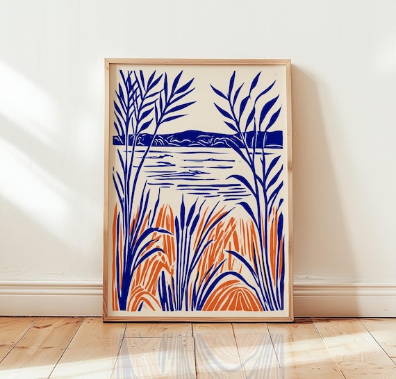 Blue And Orange Linocut Lakeside Reeds Botanical Nature Poster