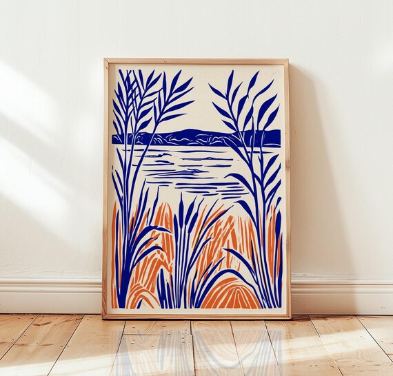 Blue Lake Landscape Print Linocut Botanical Wall Art Abstract Nature Poster