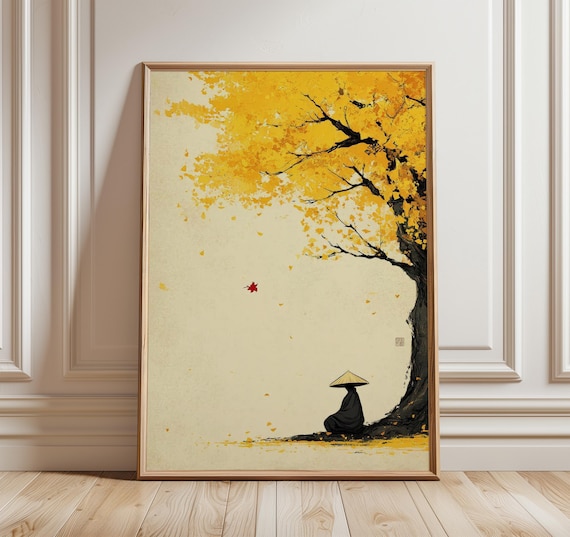 Japanese Autumn Zen Figure Golden Tree Minimal Nature Art Poster