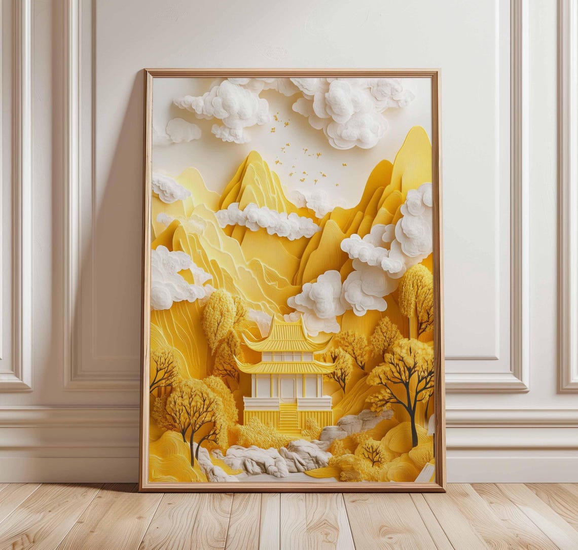 Yellow Paper Cut Mountains With Pagoda Temple Golden Scene Poster